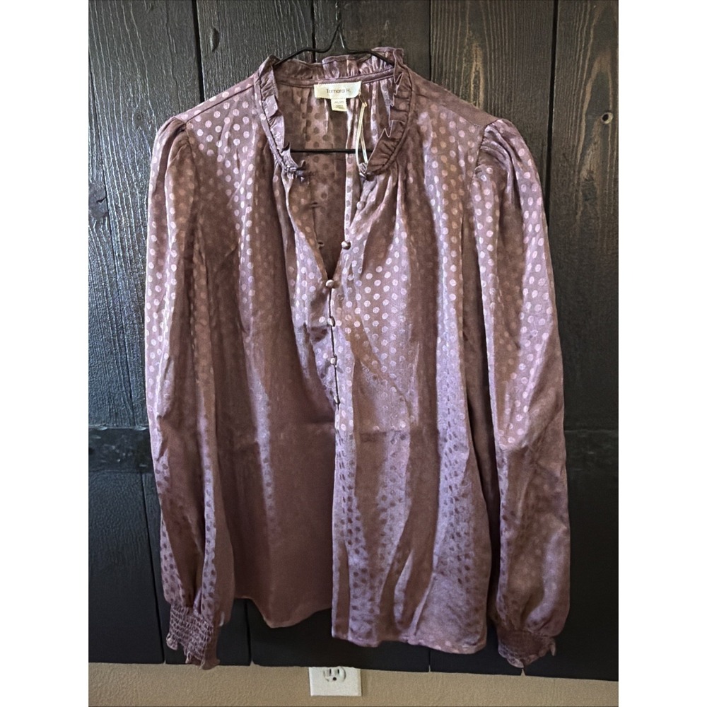 tamara h blouse Women's Size M Purple Polka Dots Long Sleeve V Neck Ruffle